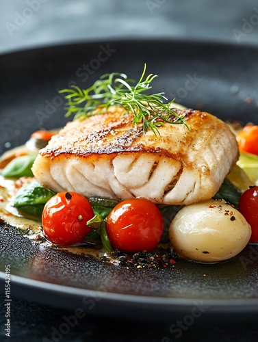 PanSeared Fish Fillet with Cherry Tomatoes and Vegetables on a Rustic Table Setting : Generative AI photo