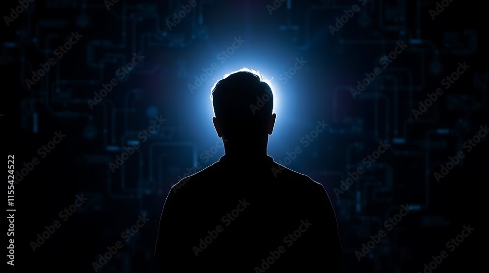 Silhouette of a person backlit against a digital circuit background