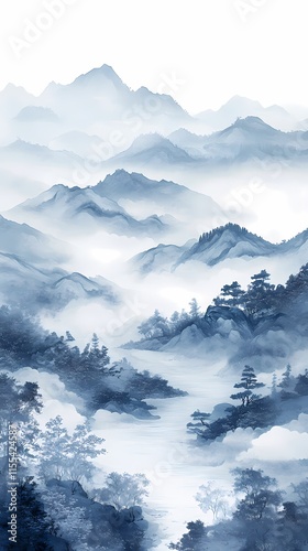 Blue and white traditional landscape painting illustration poster background