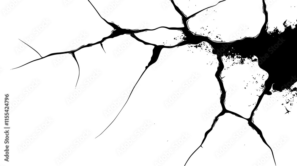 Black cracks and gaping hole. Cracked surface. Grunge texture of branched lines on white background. Broken wall, fissures in ground or concrete. Vector illustration of damage.