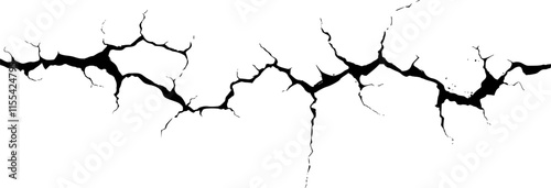 Black cracks. Cracked on damaged surface. Grunge texture of branched lines. Broken wall or dry ground, cracked concrete or asphalt surfaces. Vector illustration.