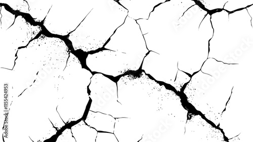 Black cracks. Grunge texture branched lines. Broken damaged wall or parched earth, cracked concrete or asphalt surfaces. Vector illustration.