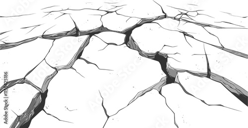 Cracked ground surface. Deep black cracks on white background. Drought, aridity and impact of climate change on environment. Vector texture with many cracks and scratches.
