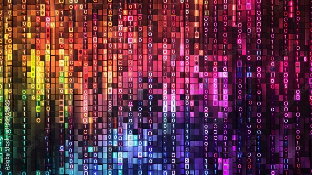 Abstract colorful binary code display with vertical glowing blocks in vibrant red, orange, pink, and blue hues, symbolizing futuristic technology and digital innovation. Abstract colorful binary code display with vertical glowing blocks in vibrant red, orange, pink, and blue hues, symbolizing futuristic technology and digital innovation.