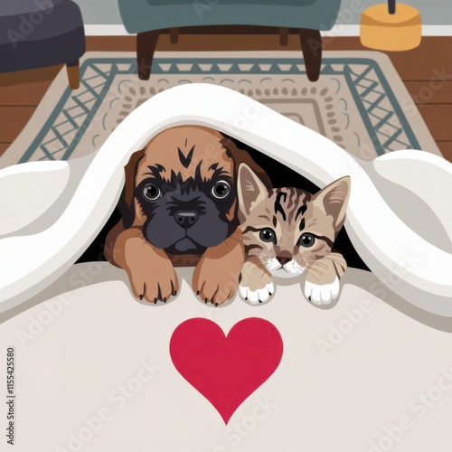 A top-down view of a Brussels Griffon puppy and a kitten under a white blanket with a red heart photo