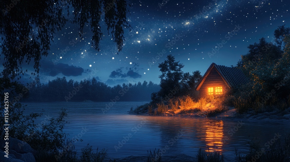 Fototapeta premium A small, quiet hut illuminated under a vast, starry sky, creating a peaceful nocturnal scene