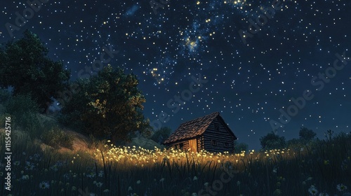 A small, quiet hut illuminated under a vast, starry sky, creating a peaceful nocturnal scene photo