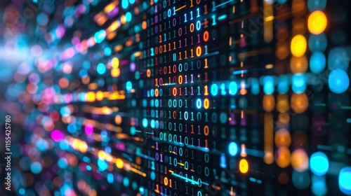 Wallpaper Mural Vivid digital binary code with glowing colors of blue, red, and yellow, representing futuristic data transmission and technological aesthetics. Torontodigital.ca