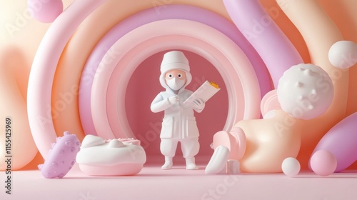 Playful character holding menu in colorful abstract setting digital art whimsical environment vibrant viewpoint