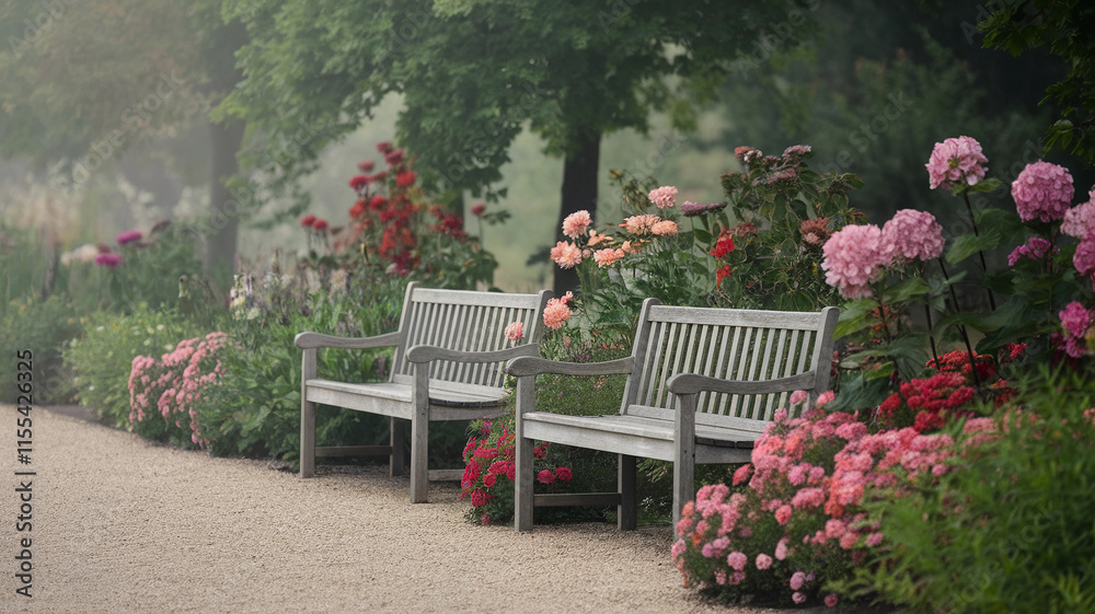 Serene Park Setting Featuring Wooden Benches and Colorful Flower Beds
Serene Park Setting Featuring Wooden Benches and Colorful Flower Beds