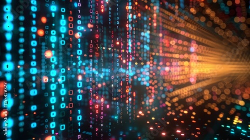 Wallpaper Mural Vibrant illuminated binary code wall with rainbow-colored lights reflecting on a polished floor, showcasing futuristic digital technology and modern aesthetics. Torontodigital.ca