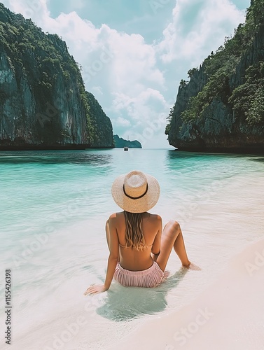 Woman in straw hat relaxing on tropical beach with turquoise seas and limestone cliffs : Generative AI photo