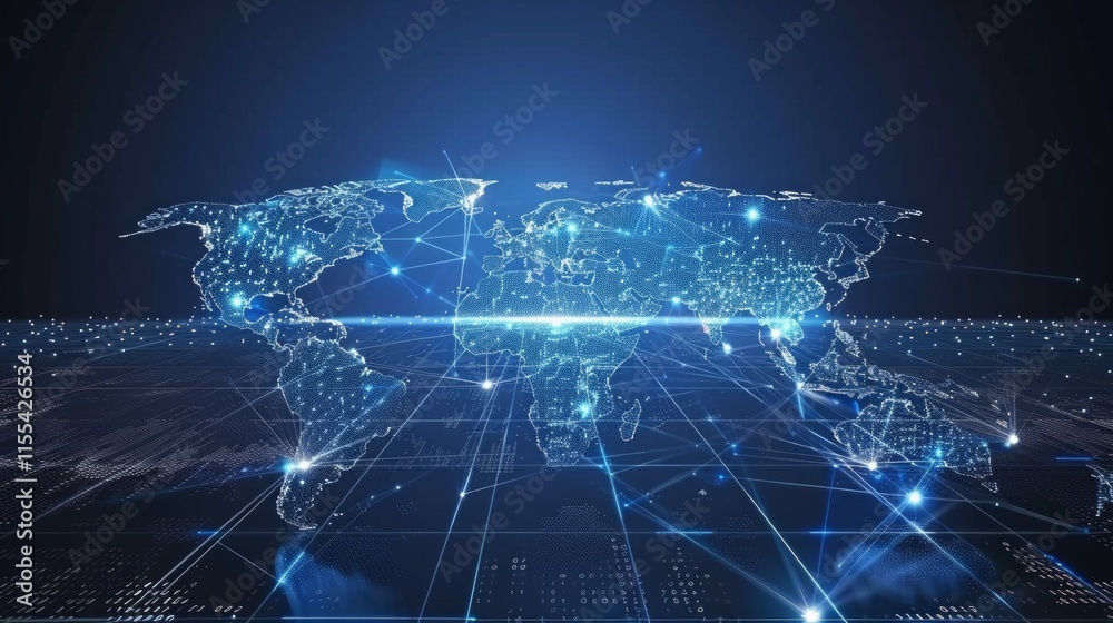 Futuristic digital world map with glowing blue grid, data points, and interconnected networks on a dark background, symbolizing global communication and technology. Futuristic digital world map with glowing blue grid, data points, and interconnected networks on a dark background, symbolizing global communication and technology.