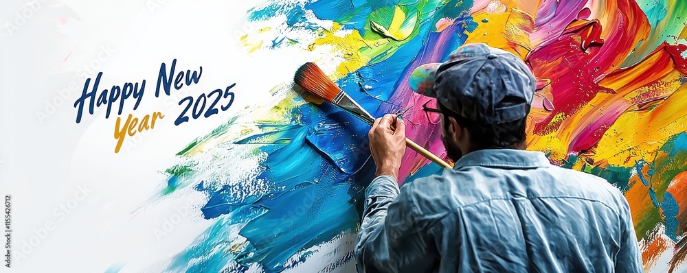Fototapeta premium Artist painting vibrant Happy New Year 2025 mural