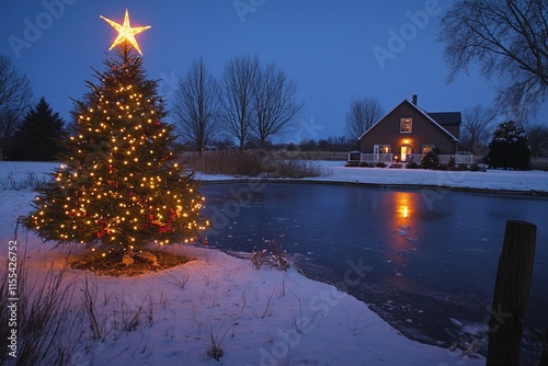 Beside a frozen pond, a bright Christmas tree illuminates the quiet snowy evening, with the light from a cozy house and the reflected glow adding warmth. photo