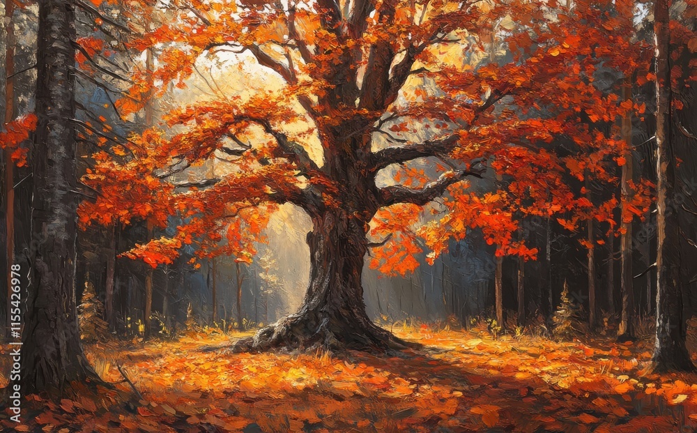 Majestic Oak Tree with Vibrant Orange Leaves Illuminated by Golden Light in a Serene Forest During Autumn Season Majestic Oak Tree with Vibrant Orange Leaves Illuminated by Golden Light in a Serene Forest During Autumn Season