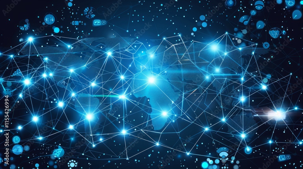 Futuristic digital world map with glowing blue grid, data points, and interconnected networks on a dark background, symbolizing global communication and technology. Futuristic digital world map with glowing blue grid, data points, and interconnected networks on a dark background, symbolizing global communication and technology.