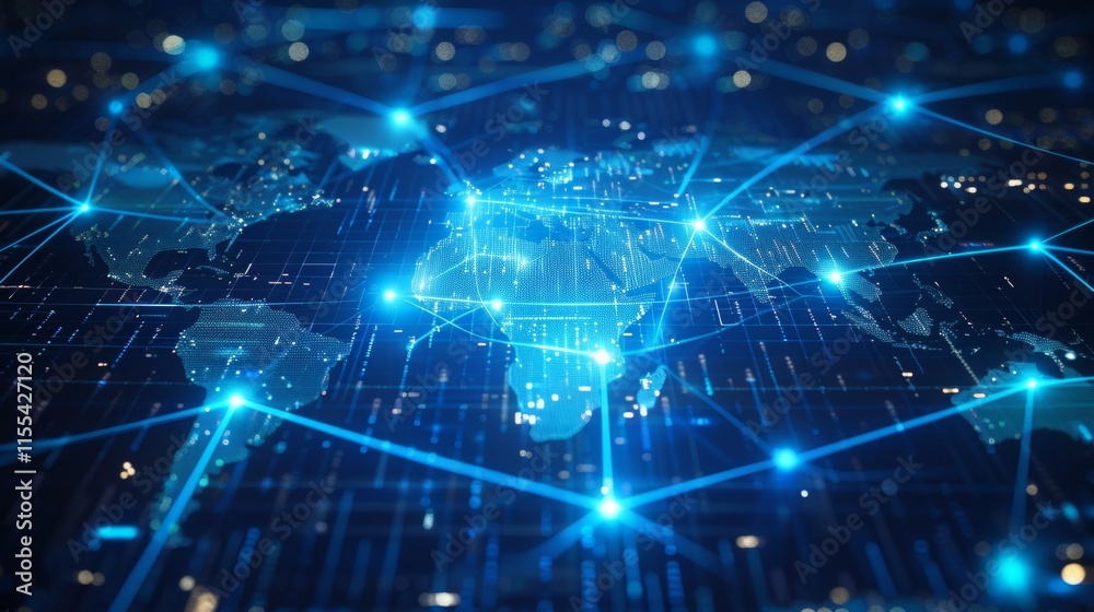 Futuristic digital world map with glowing blue grid, data points, and interconnected networks on a dark background, symbolizing global communication and technology. Futuristic digital world map with glowing blue grid, data points, and interconnected networks on a dark background, symbolizing global communication and technology.