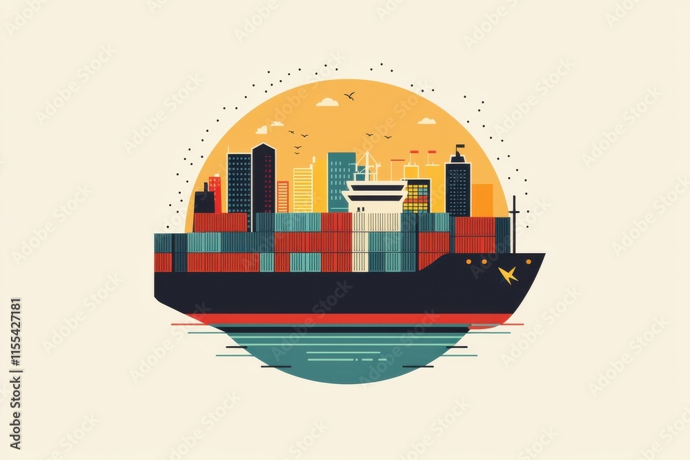 Modern flat design depicting a cargo ship with city skyline Modern flat design depicting a cargo ship with city skyline