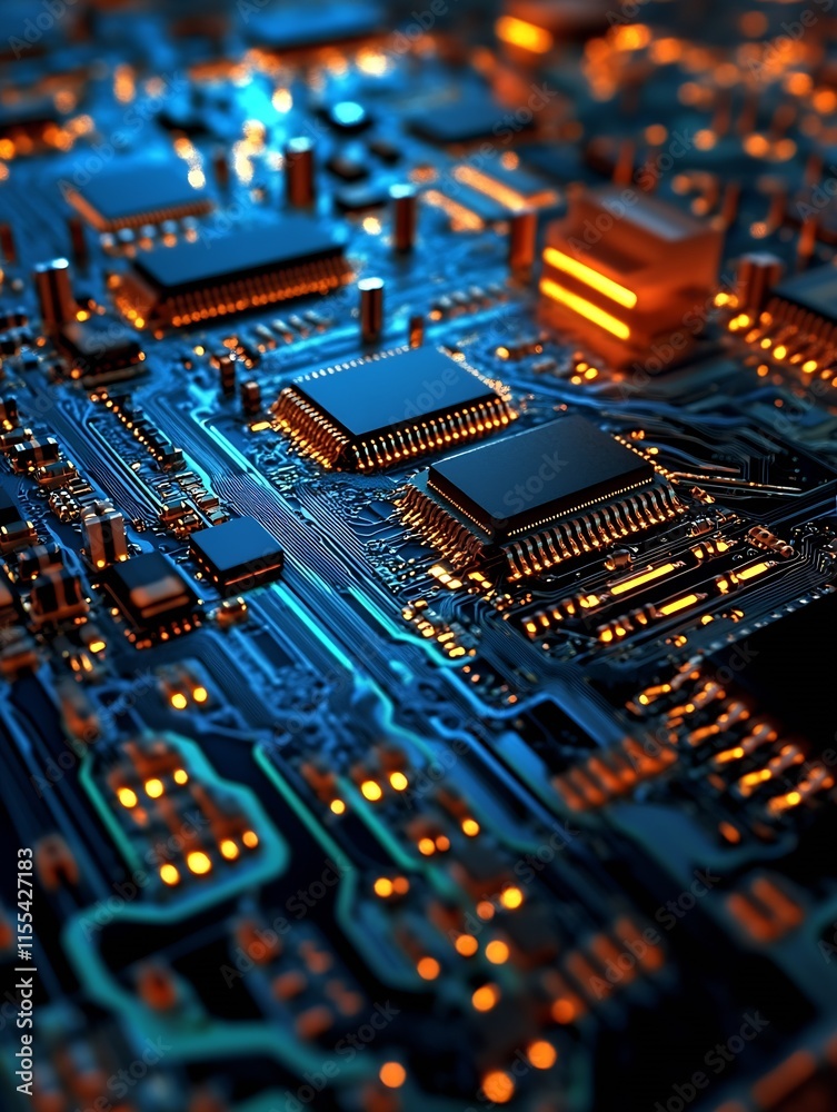 Intricate Circuit Board Closeup with Glowing Elements Demonstrating Advanced Electronics and Technology : Generative AI Intricate Circuit Board Closeup with Glowing Elements Demonstrating Advanced Electronics and Technology : Generative AI