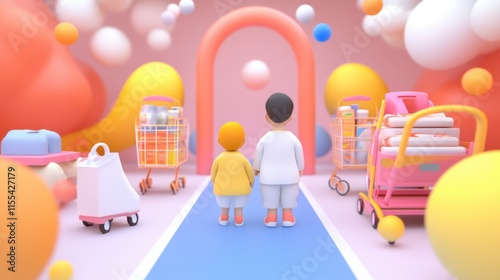 Playful shopping adventure for kids colorful store environment 3d animation whimsical viewpoint