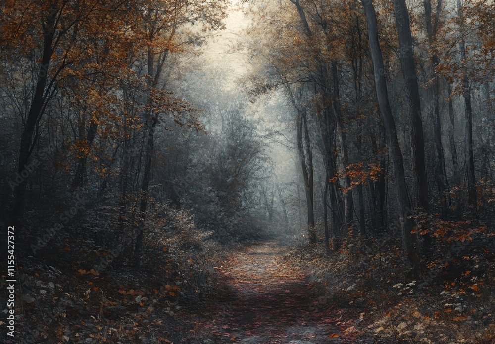 Misty Autumn Forest Path Surrounded by Tall Trees, Golden Leaves, and Soft Fog Creating a Mysterious and Tranquil Nature Scene in an Enchanted Woodland Misty Autumn Forest Path Surrounded by Tall Trees, Golden Leaves, and Soft Fog Creating a Mysterious and Tranquil Nature Scene in an Enchanted Woodland
