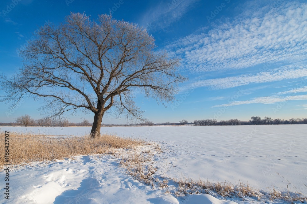 A solitary tree stands tall in a snowy field under a bright blue sky, representing the stark beauty and solitude of winter in a tranquil, expansive landscape. A solitary tree stands tall in a snowy field under a bright blue sky, representing the stark beauty and solitude of winter in a tranquil, expansive landscape.