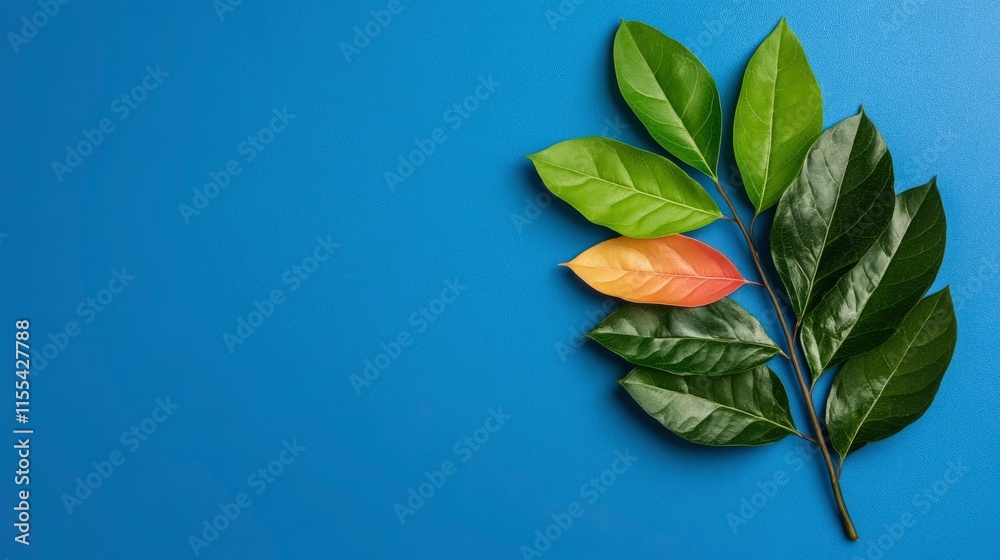 Branch with Changing Leaves on Blue Background Concept of Growth, Change, and Seasons Branch with Changing Leaves on Blue Background Concept of Growth, Change, and Seasons