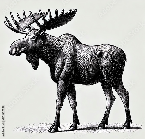 A detailed black and white line drawing of a moose standing in profile view photo