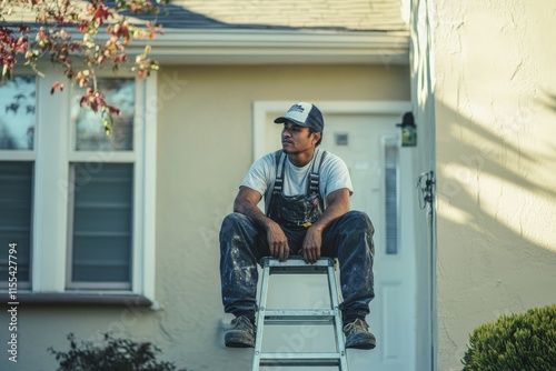 Wallpaper Mural A man in work clothes and a cap sits on a ladder in front of a house, suggesting a day of outdoor labor or maintenance work. The background includes a modern, beige facade. Torontodigital.ca