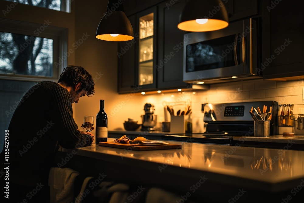 A thoughtful man is seated in a warmly lit kitchen with a glass of wine, evoking a sense of introspection and warmth in a modern, inviting space. A thoughtful man is seated in a warmly lit kitchen with a glass of wine, evoking a sense of introspection and warmth in a modern, inviting space.