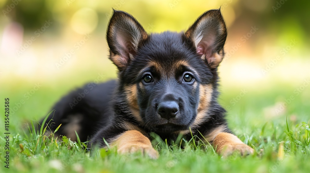 Cute German Shepherd Puppy Lying in Green Grass on a Sunny Day : Generative AI Cute German Shepherd Puppy Lying in Green Grass on a Sunny Day : Generative AI