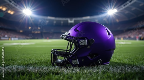 Purple football helmet on grass under stadium lights
