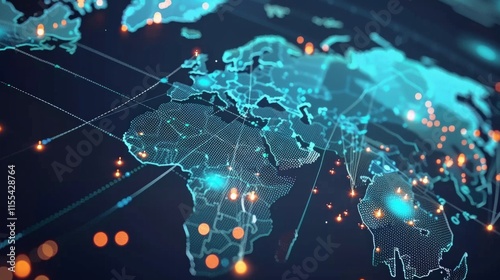 Digital world map with glowing blue grid and data points, showcasing futuristic technology and global connectivity concepts.