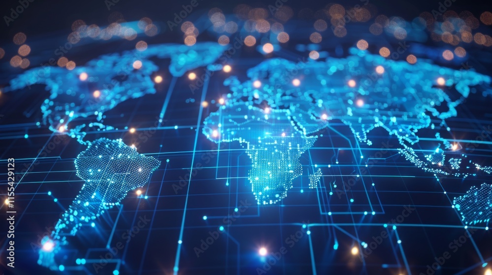 Digital world map with illuminated grid and glowing data points in blue and orange, showcasing modern global connectivity and technological systems. Digital world map with illuminated grid and glowing data points in blue and orange, showcasing modern global connectivity and technological systems.