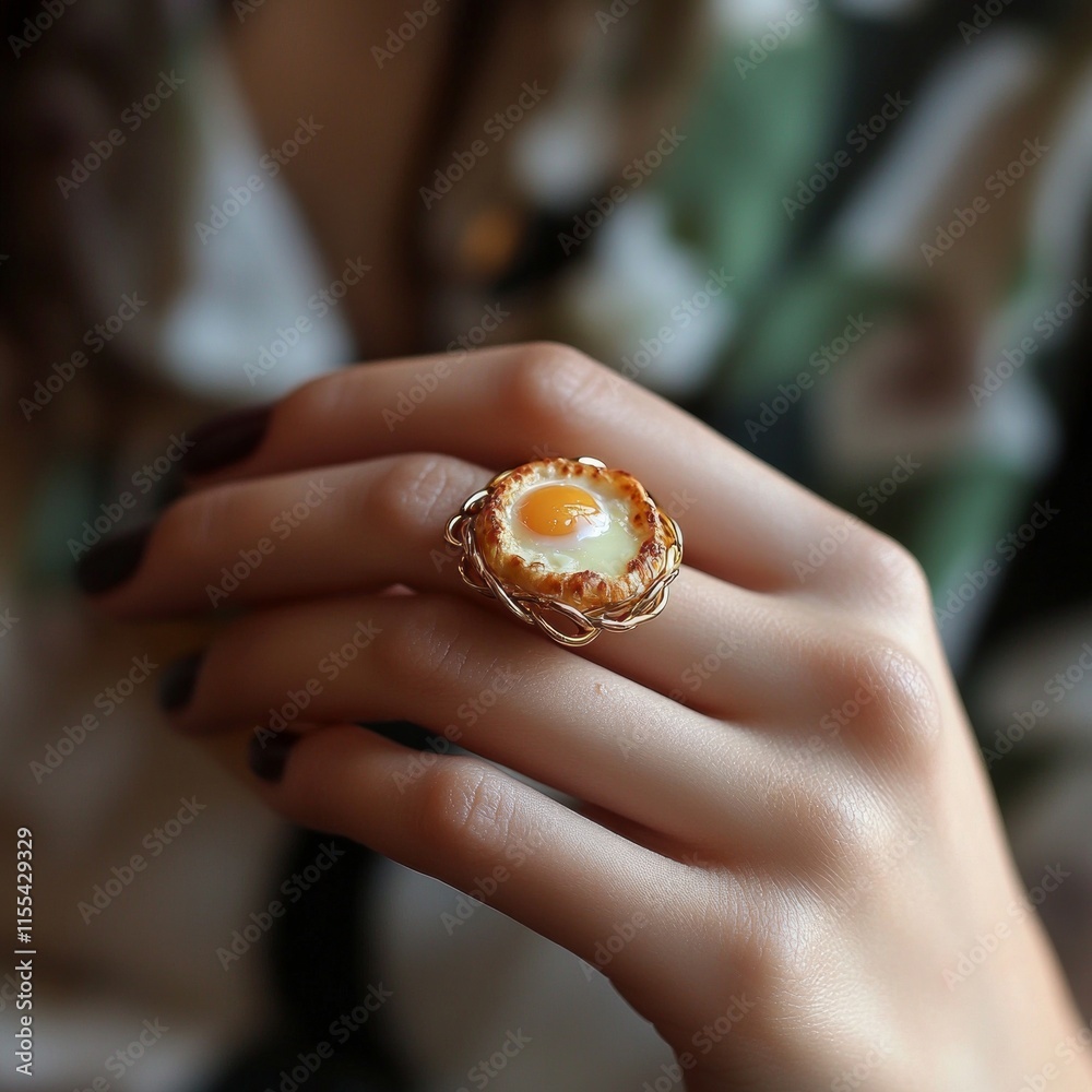 Elegant hand featuring unique fried egg ring on female finger with dark nails Elegant hand featuring unique fried egg ring on female finger with dark nails