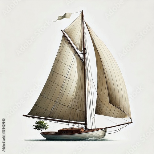 A vintage illustration of a Friendship Sloop, a classic sailboat with a gaff rig, sailing on the water.