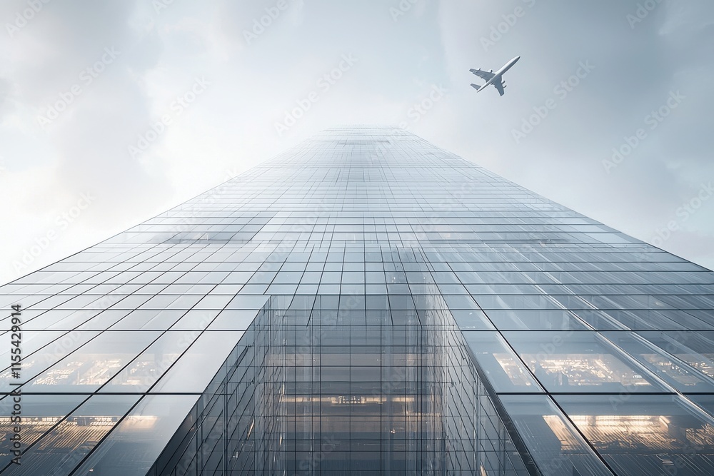 Obraz premium Modern skyscraper rising under a clear sky with airplane
