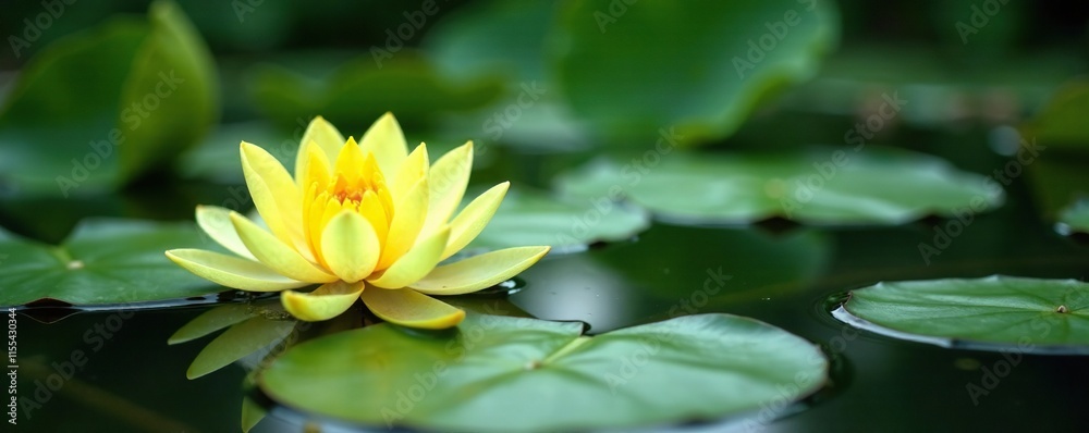 A green and yellow colored water lily on a pond in a serene garden, serene environments, water lilies, aquatic plants A green and yellow colored water lily on a pond in a serene garden, serene environments, water lilies, aquatic plants