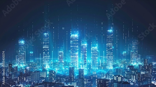 Futuristic digital holographic cityscape with glowing blue skyscrapers and advanced technology at night. photo