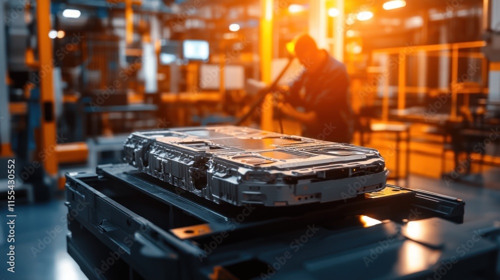 A gray battery casing component rests on a production line, in a brightly lit, modern, automated manufacturing facility. A worker inspects or assembles parts. A gray battery casing component rests on a production line, in a brightly lit, modern, automated manufacturing facility. A worker inspects or assembles parts.
