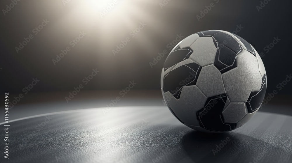 Fototapeta premium Soccer ball on dark reflective surface with dramatic lighting.