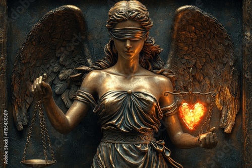 Blindfolded Lady Justice holding scales and a glowing heart photo