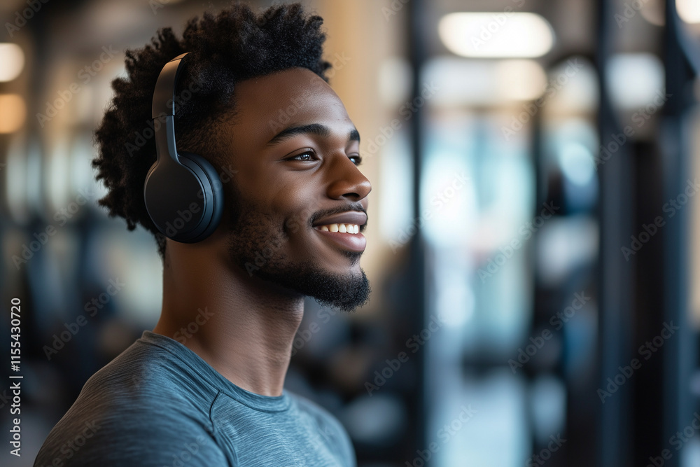 Fototapeta premium man wearing headphones and smiling. He is in a gym. Scene is happy and energetic