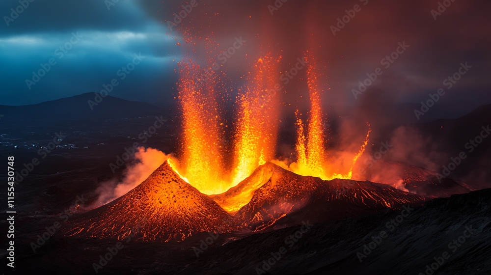 Fototapeta premium Intense Volcanic Eruption with Lava Fountains Illuminating Dark Sky : Generative AI