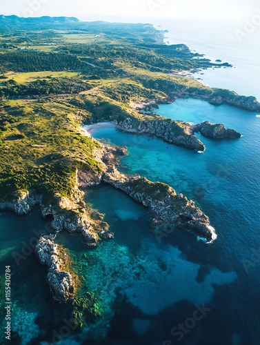 Breathtaking Coastal Landscape with Rocky Shores and Vibrant Waters in Remote Island Setting Aerial Shot : Generative AI photo