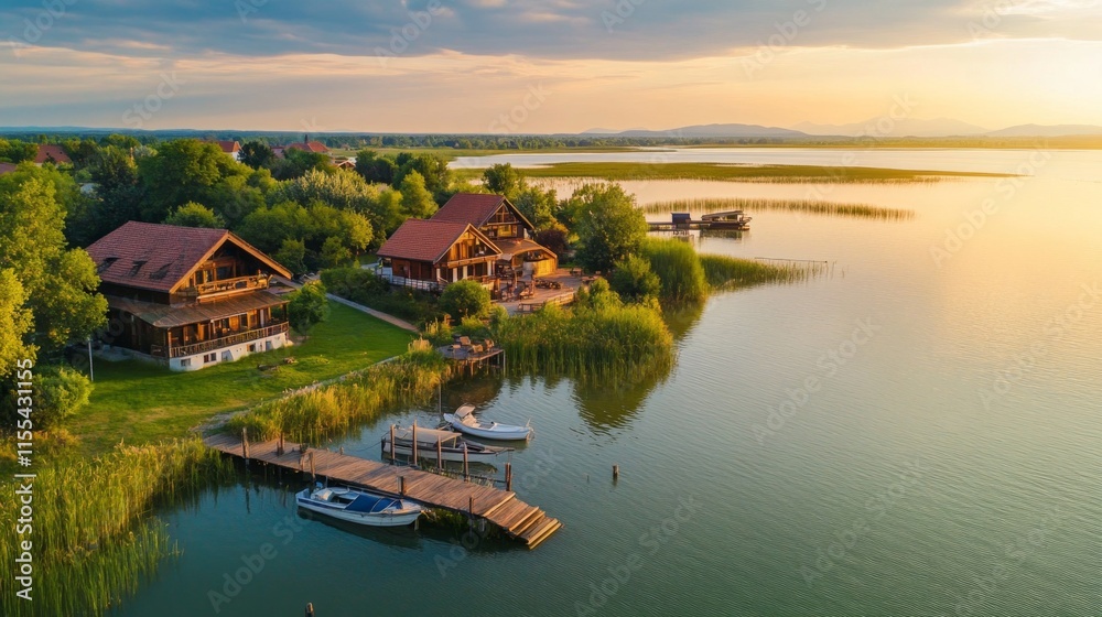 Fototapeta premium Lakefront Wooden Houses at Sunset