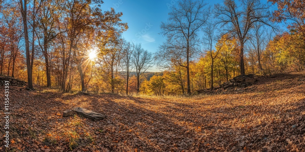 Fototapeta premium Serene Autumn Landscape with Vibrant Foliage and Soft Sunlight Peeking Through Trees in a Peaceful Natural Setting