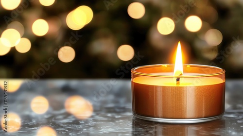 Candlelight Processions on Magha Puja Night are captured in macro photography, focusing on the intricate details of a candle flame with soft reflections of surrounding lights on polished surfaces photo