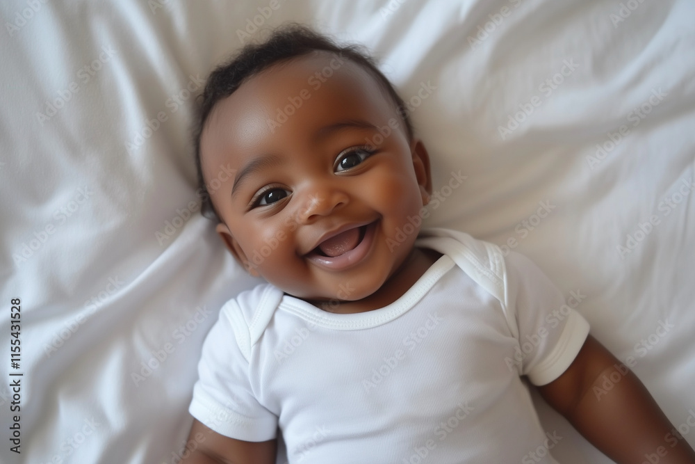 smiling baby is laying on a bed in a white shirt. The baby's smile is bright and happy, and the image conveys a sense of warmth and joy smiling baby is laying on a bed in a white shirt. The baby's smile is bright and happy, and the image conveys a sense of warmth and joy
